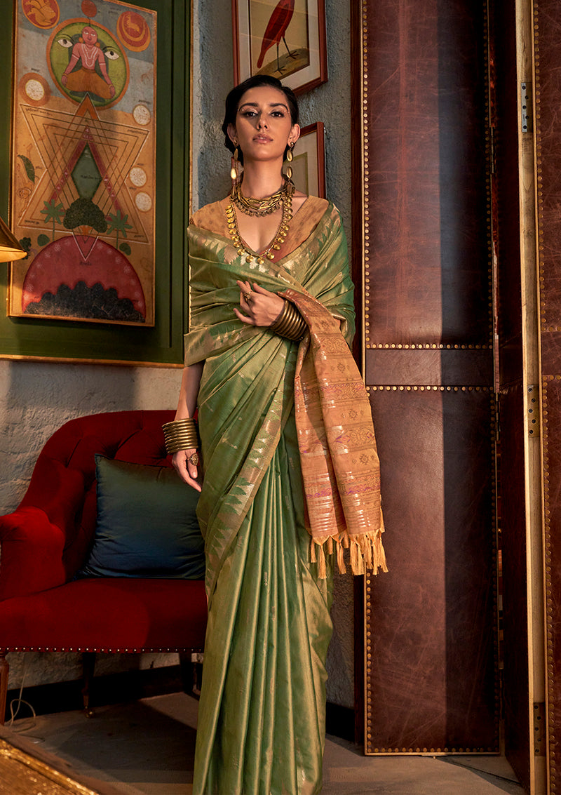 Monjolika Fashion Tussar Silk Weaving Green Traditional Saree