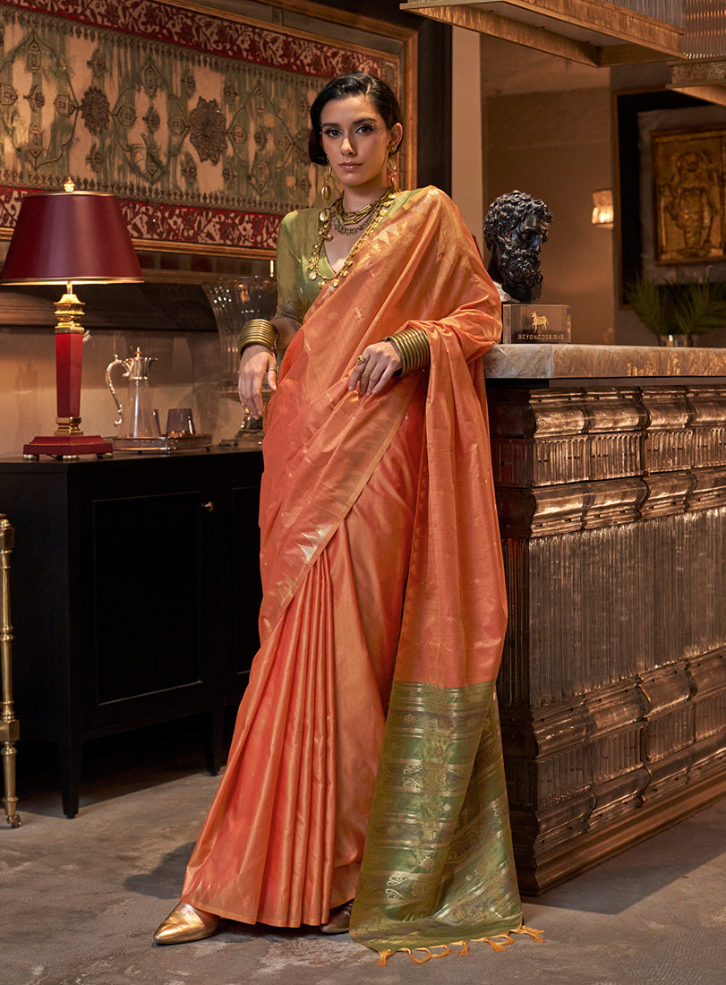 Monjolika Fashion Tussar Silk Weaving Orange Traditional Saree