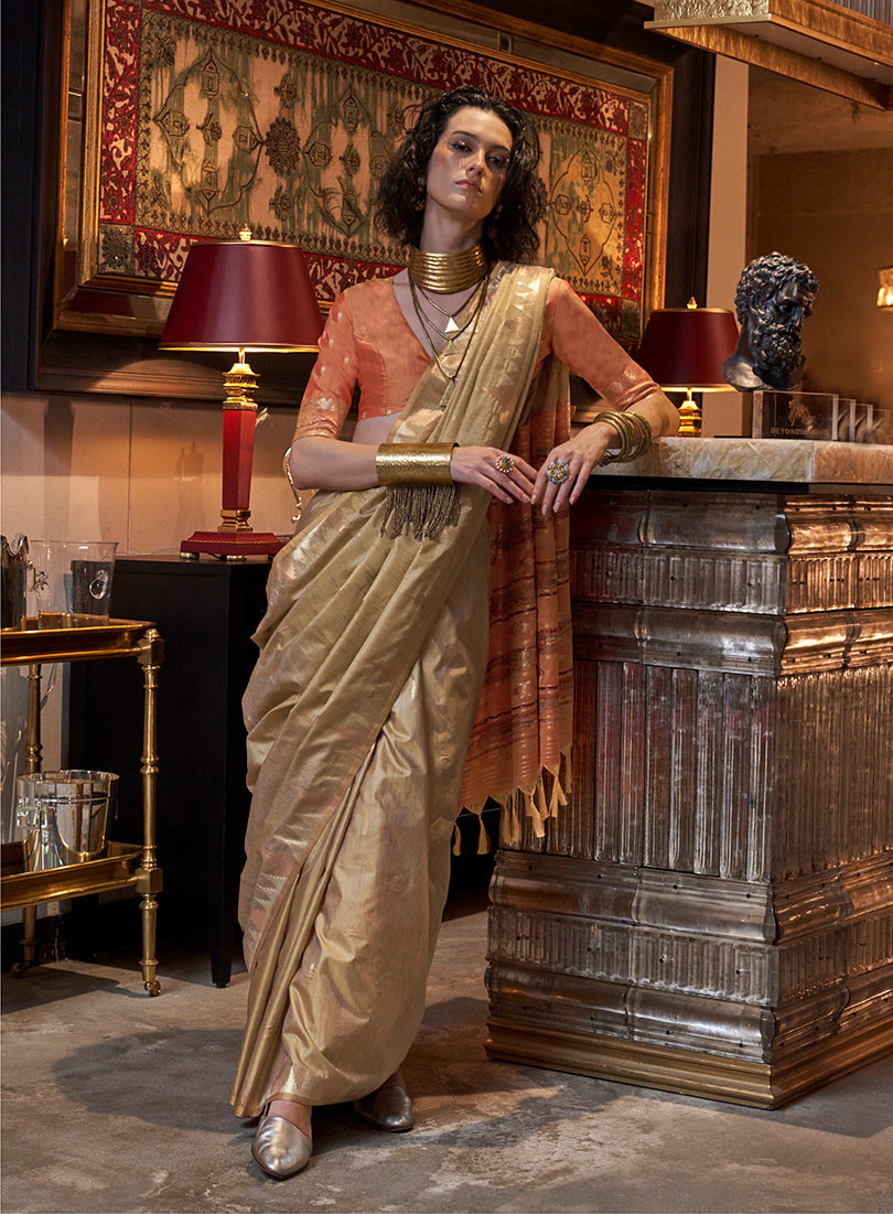 Monjolika Fashion Tussar Silk Weaving Beige Traditional Saree