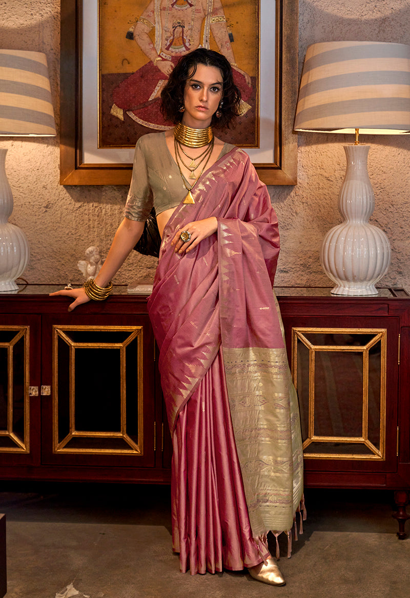 Monjolika Fashion Tussar Silk Weaving Onion Pink Traditional Saree