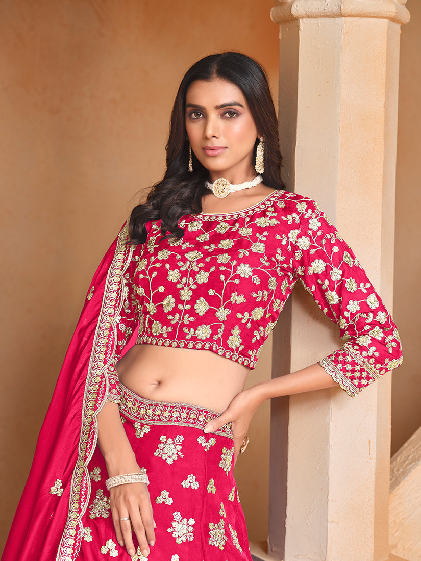 Monjolika Fashion Embroidered Art Silk Rani Pink Designer Lehenga Choli