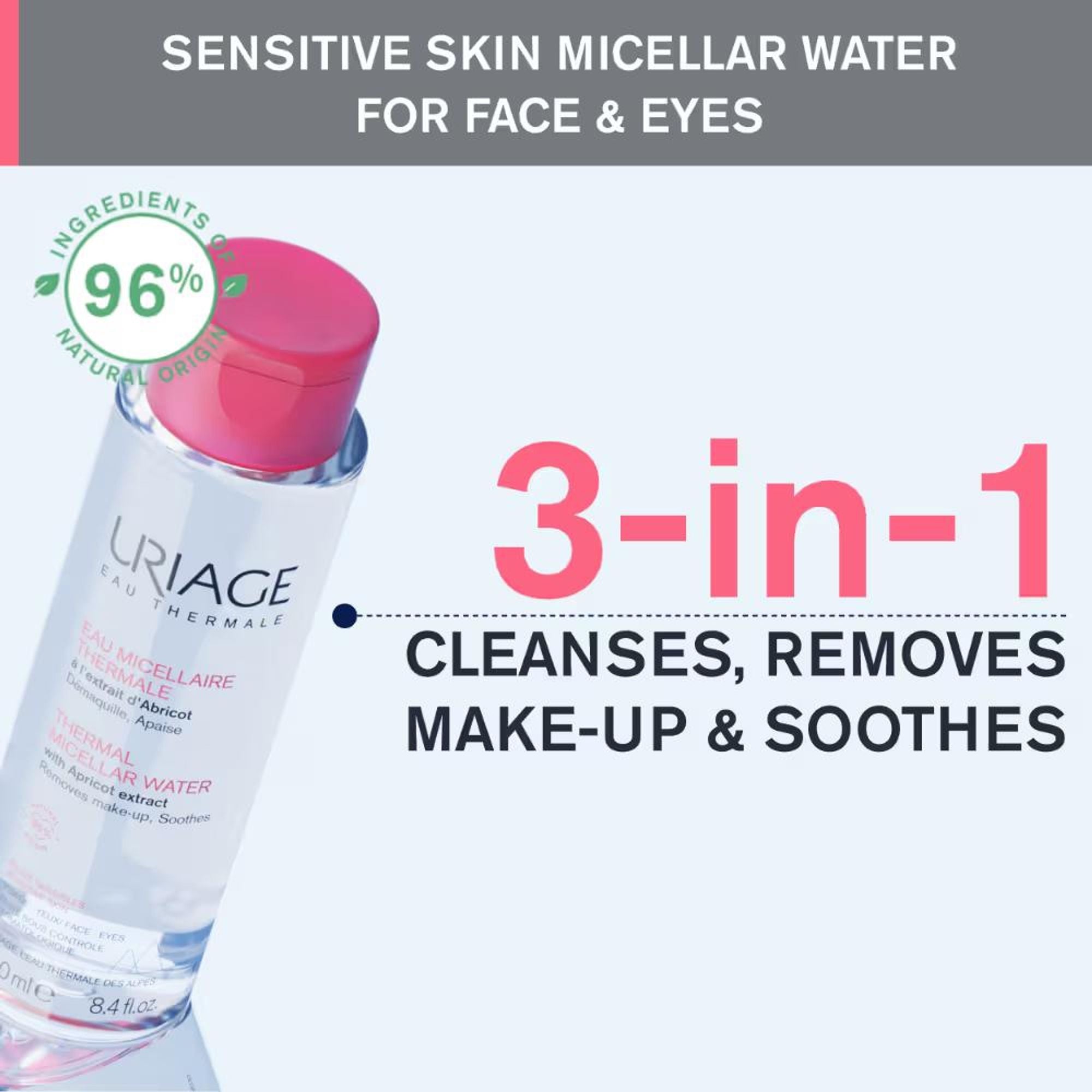 Uriage Thermal Micellar Water for Sensitive Skin Removes Makeup from Face & Eyes Dermat Recommended