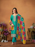 Monjolika Fashion Turquoise Color Embroidered Santoon Chinnon Salwar Suit - Distacart