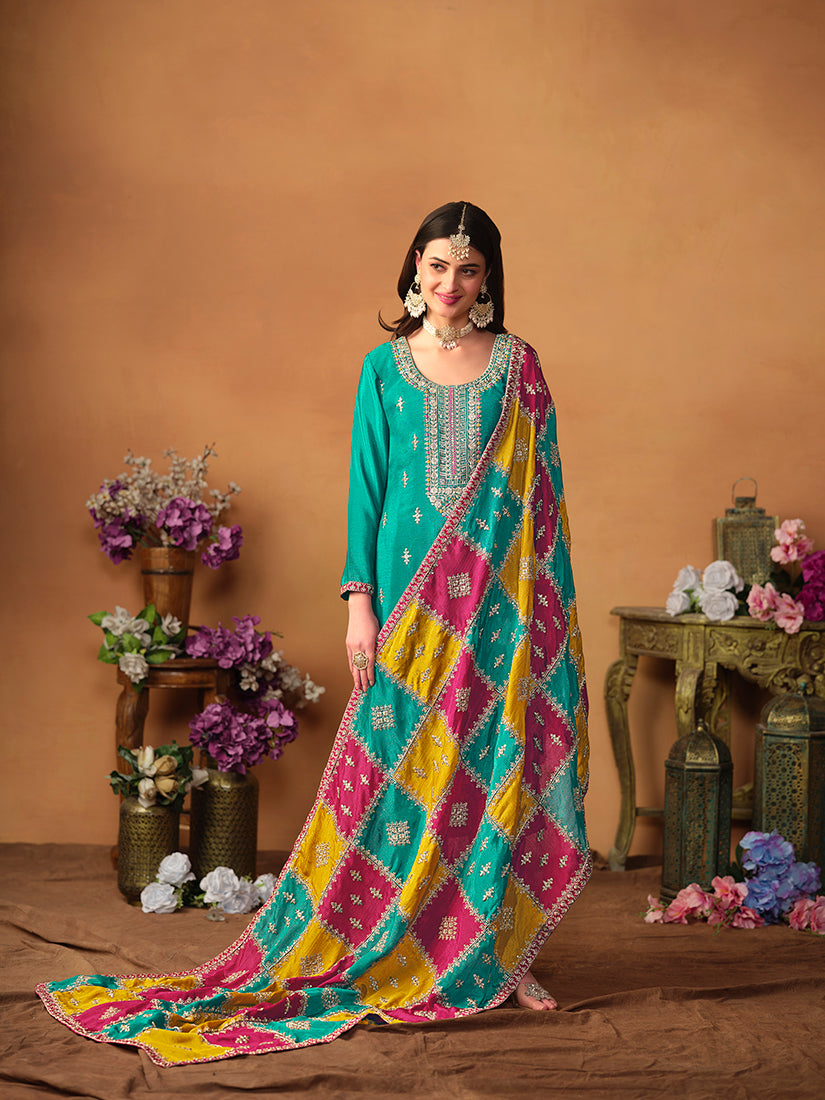 Monjolika Fashion Turquoise Color Embroidered Santoon Chinnon Salwar Suit - Distacart