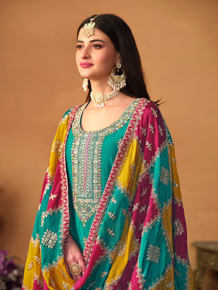 Monjolika Fashion Turquoise Color Embroidered Santoon Chinnon Salwar Suit - Distacart