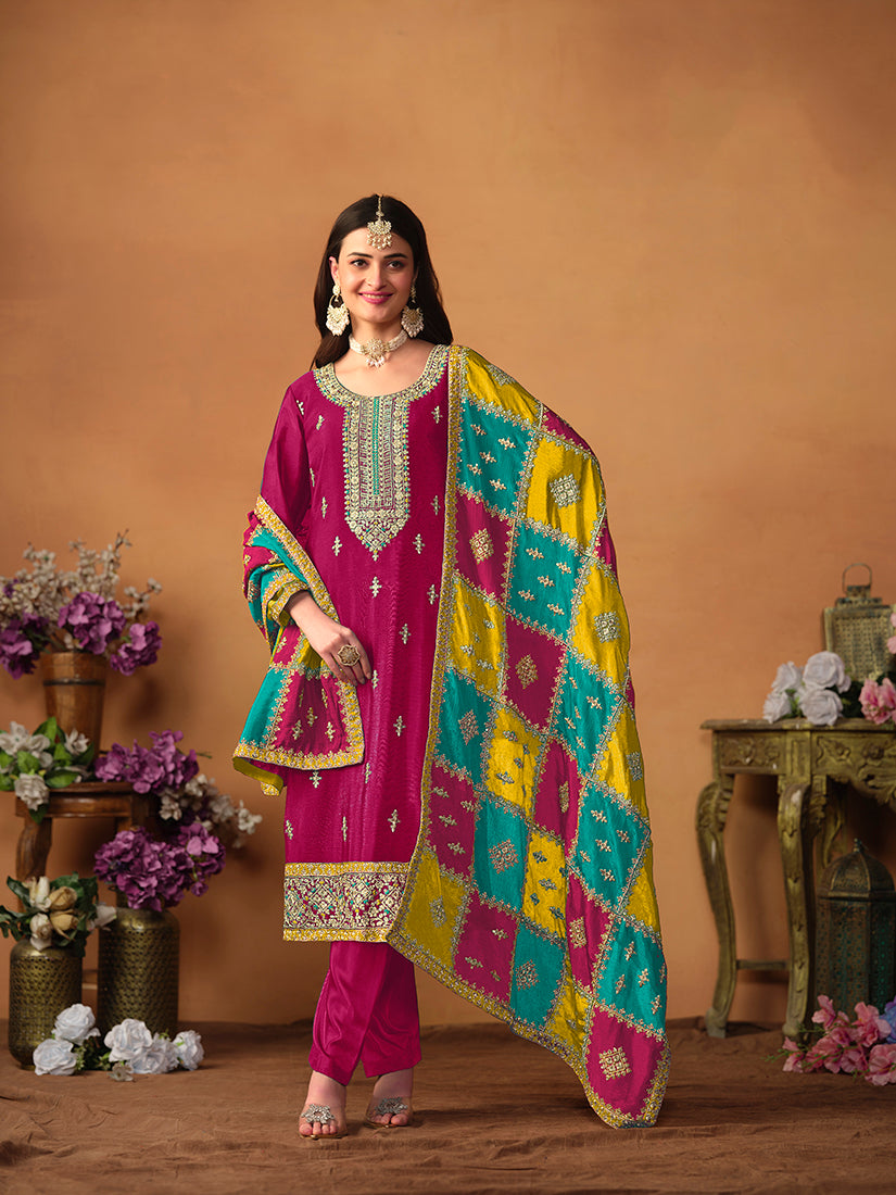 Monjolika Fashion Rani-Pink Color Embroidered Santoon Chinnon Salwar Suit - Distacart