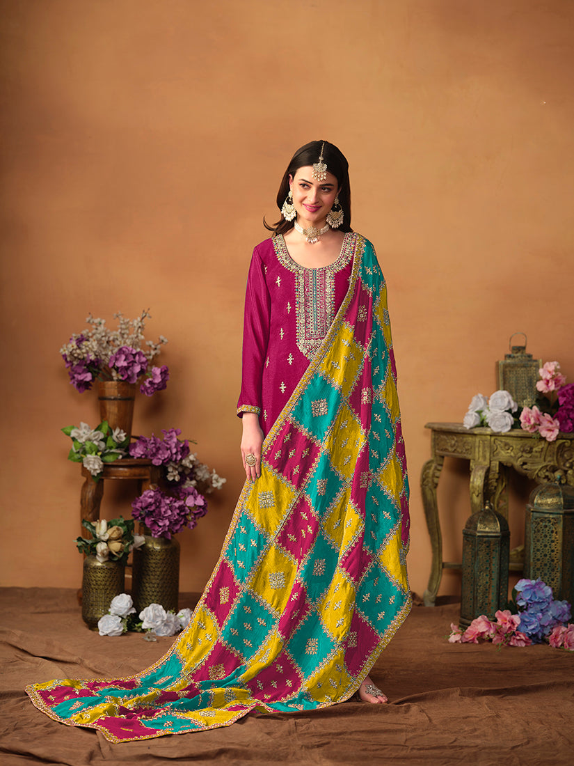Monjolika Fashion Rani-Pink Color Embroidered Santoon Chinnon Salwar Suit - Distacart