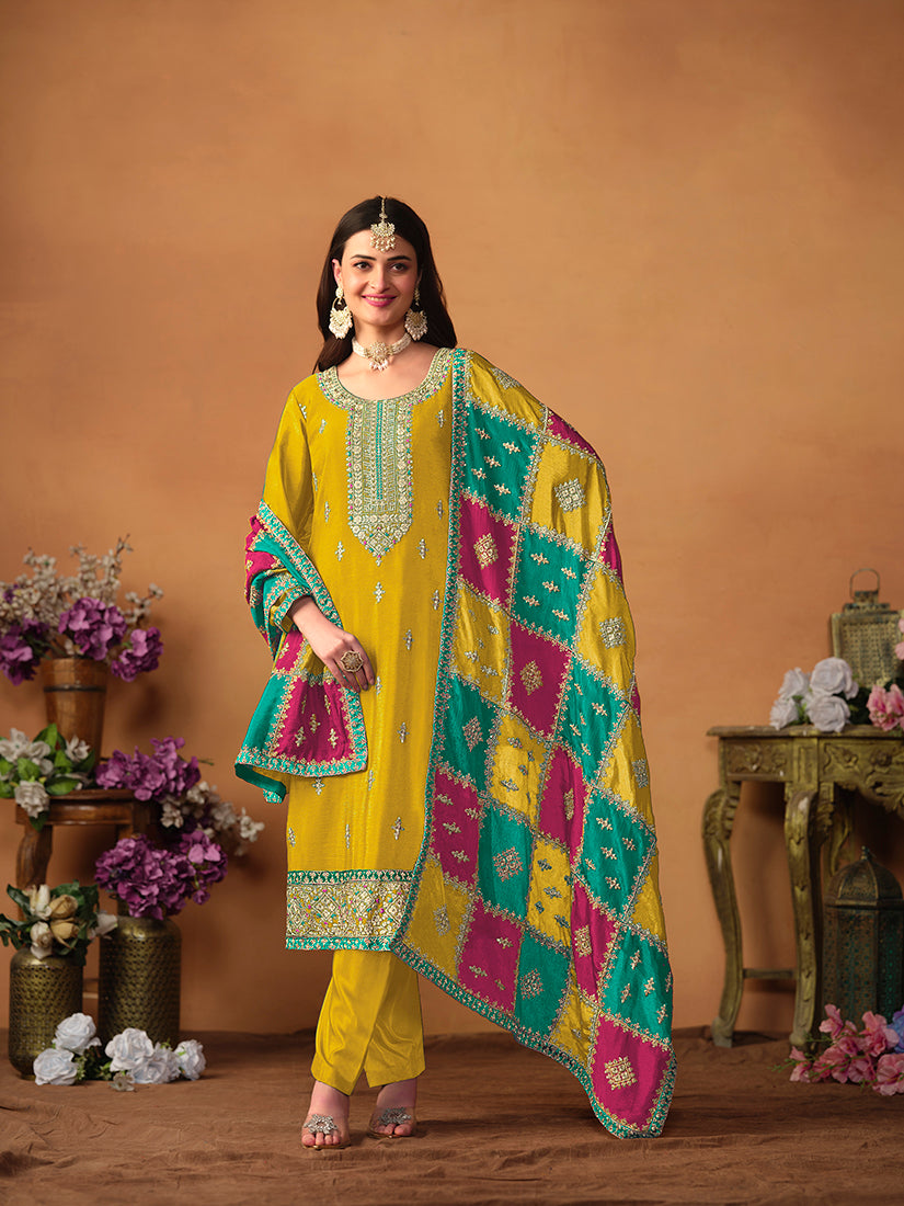 Monjolika Fashion Mustard Color Embroidered Santoon Chinnon Salwar Suit - Distacart