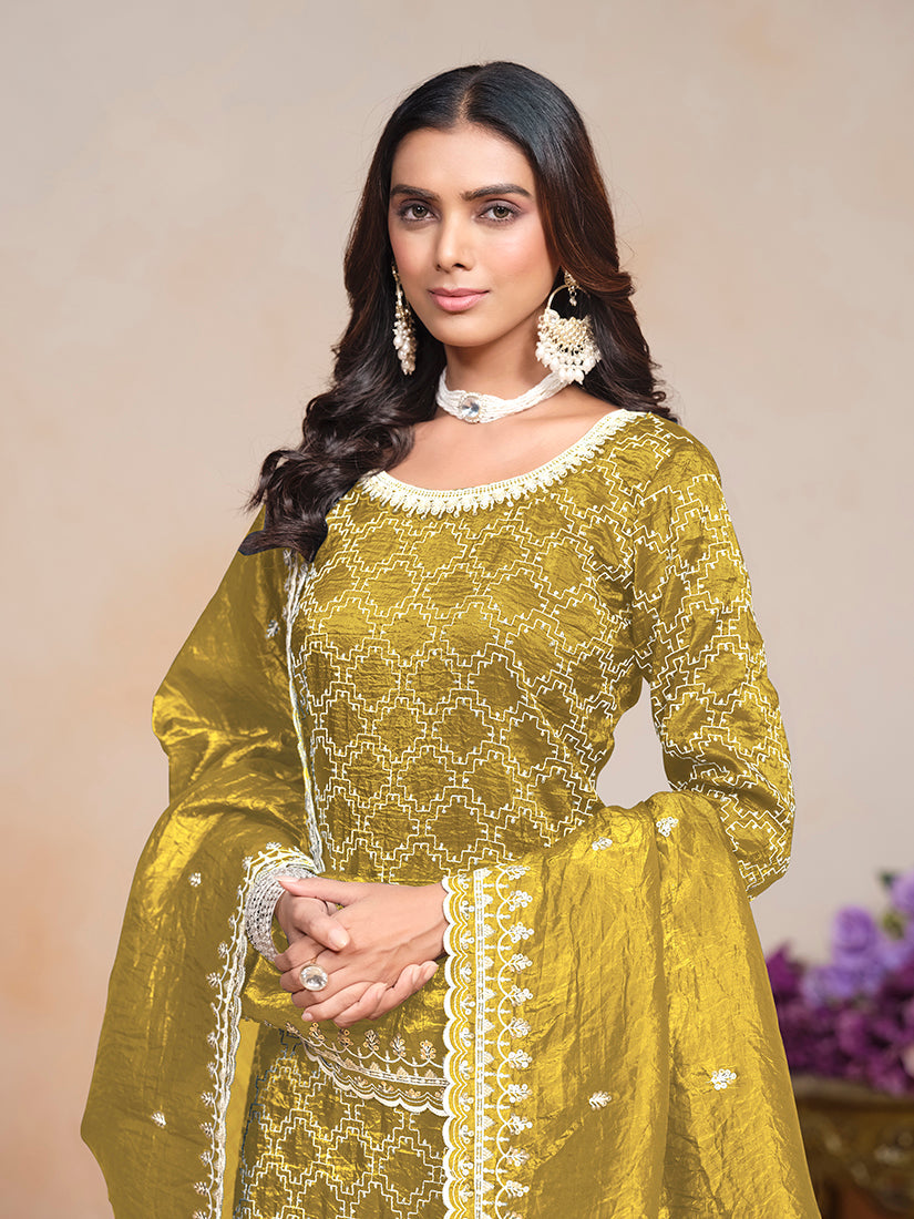 Monjolika Fashion Mustard Color Embroidered Santoon Art Silk Salwar Suit - Distacart