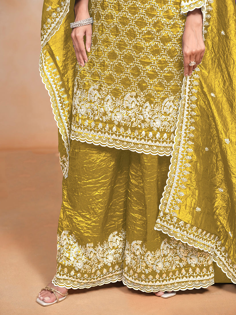 Monjolika Fashion Mustard Color Embroidered Santoon Art Silk Salwar Suit - Distacart