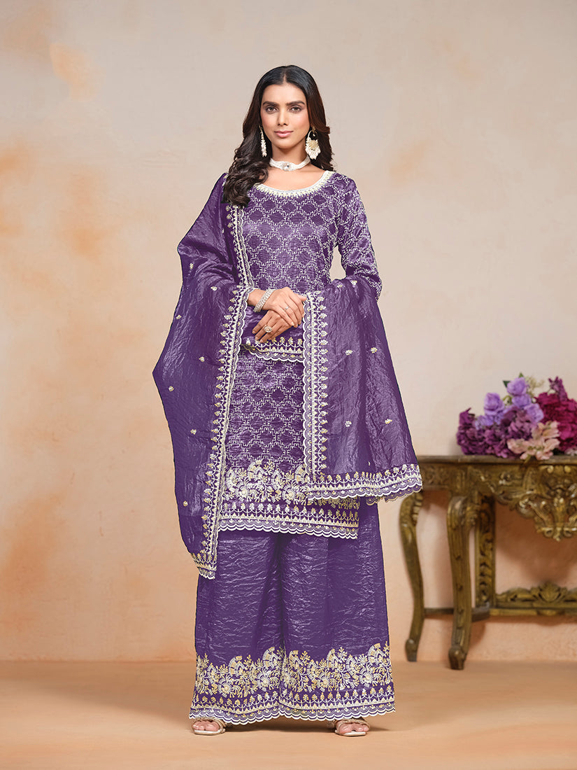 Monjolika Fashion Violet Color Embroidered Santoon Art Silk Salwar Suit - Distacart