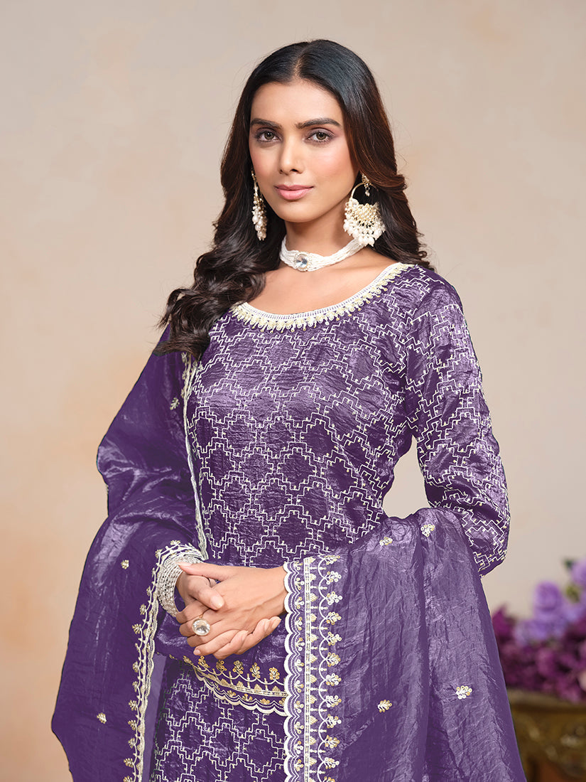 Monjolika Fashion Violet Color Embroidered Santoon Art Silk Salwar Suit - Distacart