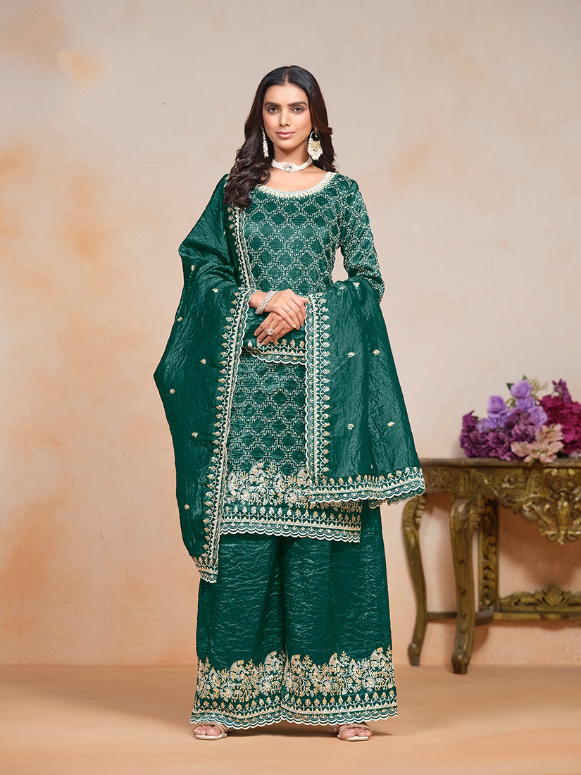 Monjolika Fashion Teal-Green Color Embroidered Santoon Art Silk Salwar Suit - Distacart