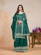 Monjolika Fashion Teal-Green Color Embroidered Santoon Art Silk Salwar Suit - Distacart