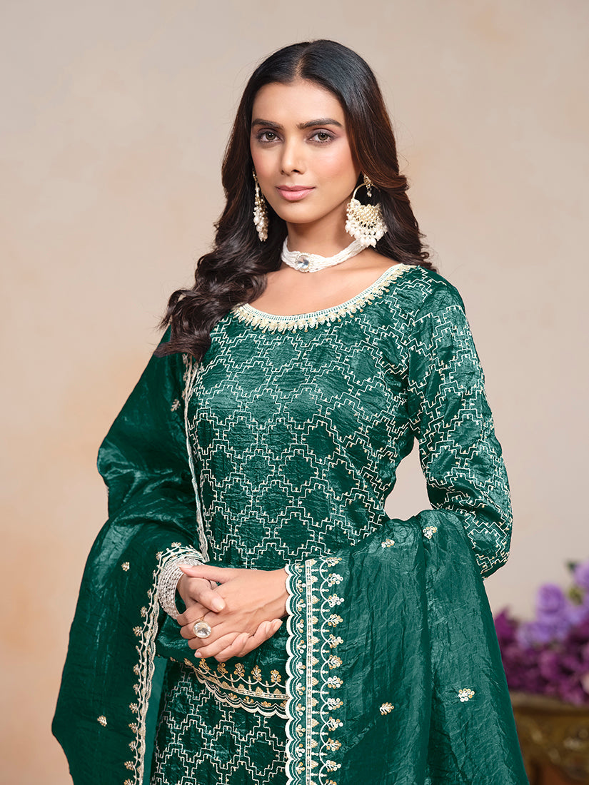 Monjolika Fashion Teal-Green Color Embroidered Santoon Art Silk Salwar Suit - Distacart