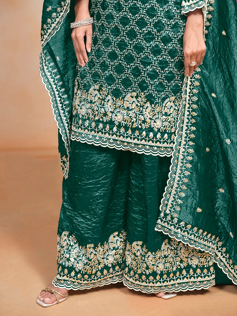 Monjolika Fashion Teal-Green Color Embroidered Santoon Art Silk Salwar Suit - Distacart