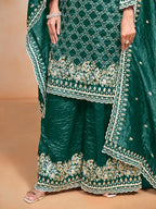 Monjolika Fashion Teal-Green Color Embroidered Santoon Art Silk Salwar Suit - Distacart