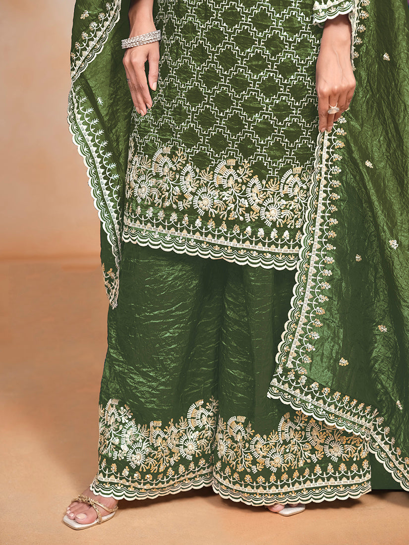 Monjolika Fashion Dark-Green Color Embroidered Santoon Art Silk Salwar Suit - Distacart