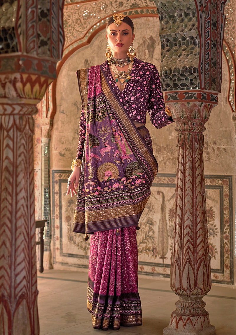 Monjolika Fashion Dark Pink Printed Viscose Silk Designer Traditional Saree