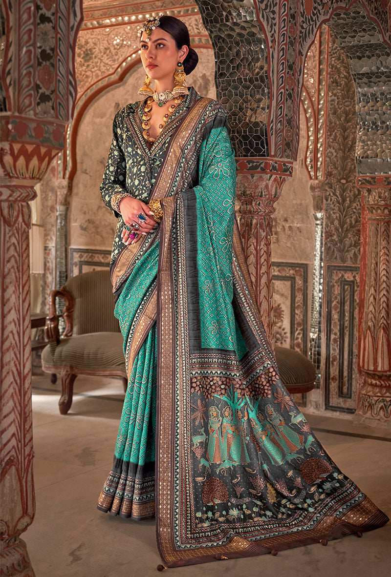 Monjolika Fashion Aqua Blue Printed Viscose Silk Designer Traditional Saree