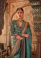 Monjolika Fashion Aqua Blue Printed Viscose Silk Designer Traditional Saree