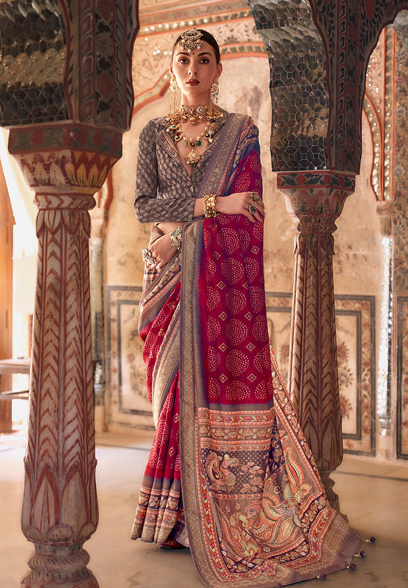 Monjolika Fashion Dark Red Printed Viscose Silk Designer Traditional Saree