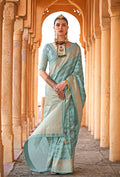 Monjolika Fashion Viscose Turquoise Foil Print Contemporary Saree