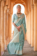 Monjolika Fashion Viscose Turquoise Foil Print Contemporary Saree