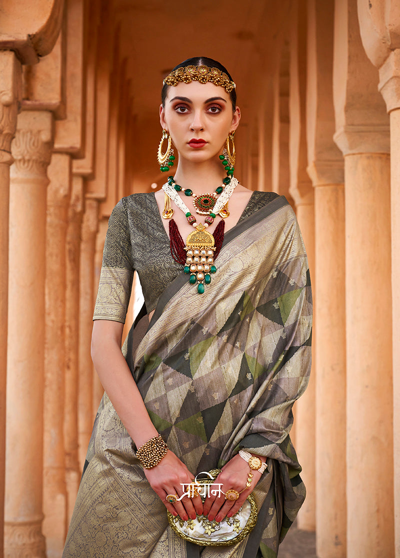 Monjolika Fashion Viscose Dark Grey Colour Foil Print Contemporary Saree