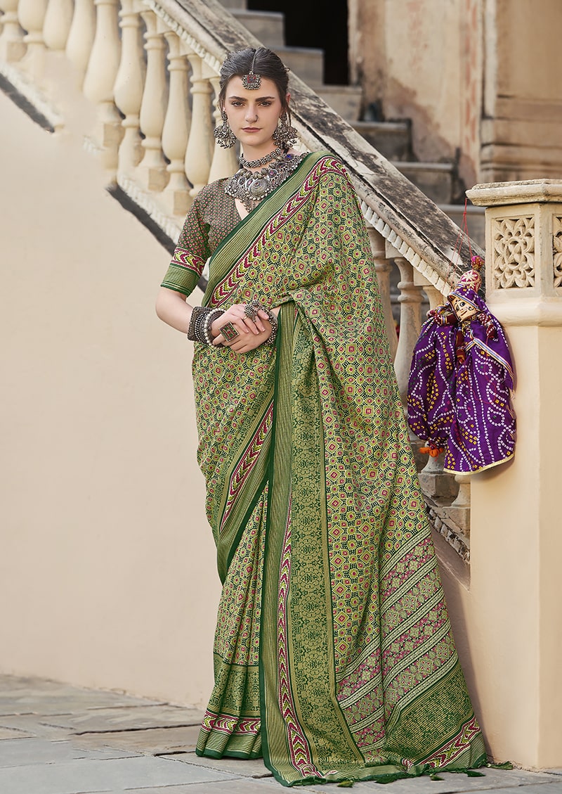 Monjolika Fashion Silk Patola Print Green Traditional Saree - Distacart