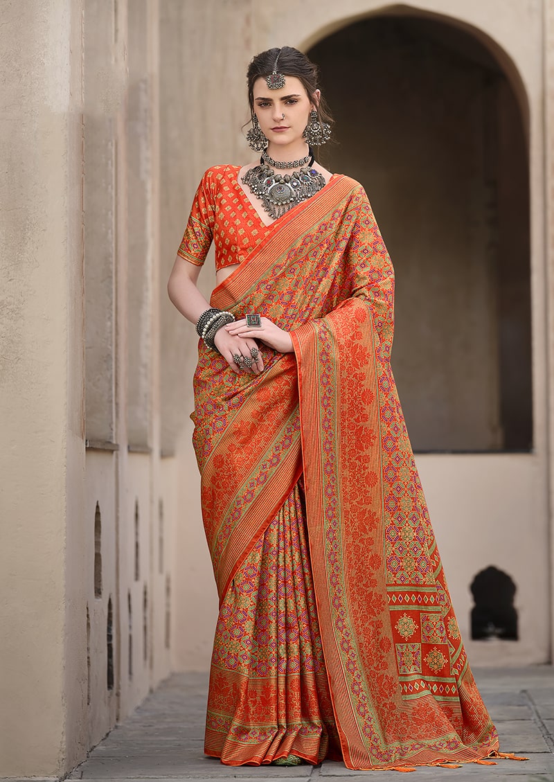 Monjolika Fashion Silk Patola Print Orange Traditional Saree - Distacart
