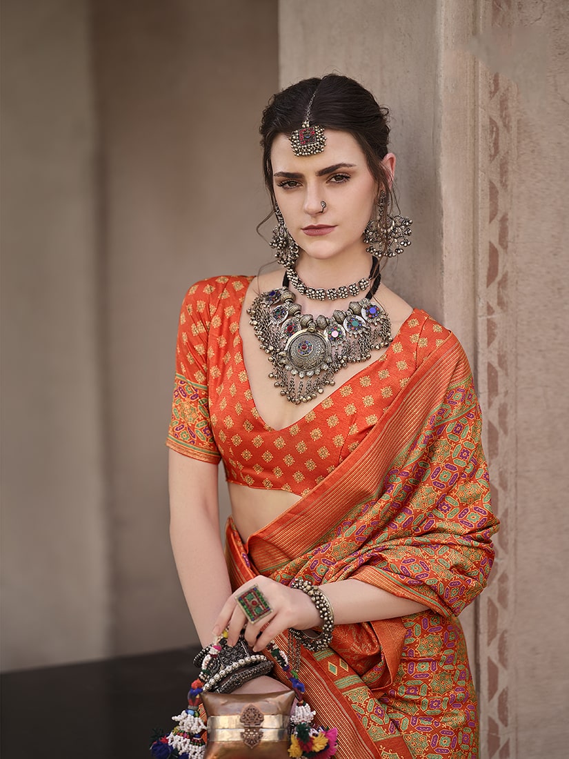 Monjolika Fashion Silk Patola Print Orange Traditional Saree - Distacart