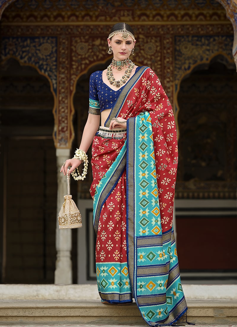 Monjolika Fashion Red And Aqua Blue Patola Print Silk Festival Trendy Saree - Distacart