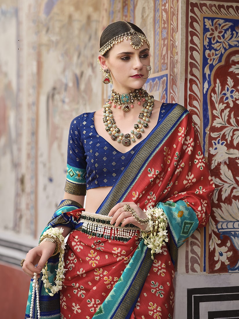 Monjolika Fashion Red And Aqua Blue Patola Print Silk Festival Trendy Saree - Distacart