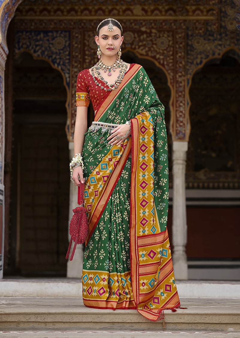 Monjolika Fashion Green And Mustard Patola Print Silk Festival Trendy Saree - Distacart