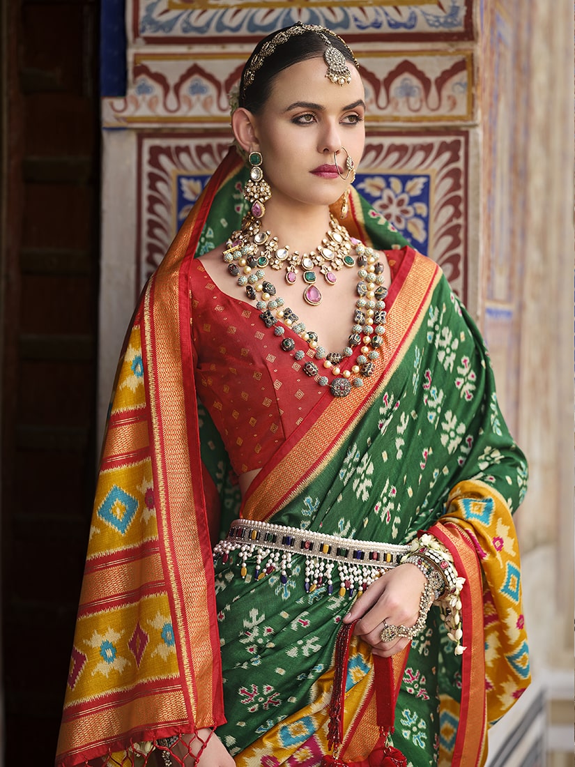 Monjolika Fashion Green And Mustard Patola Print Silk Festival Trendy Saree - Distacart
