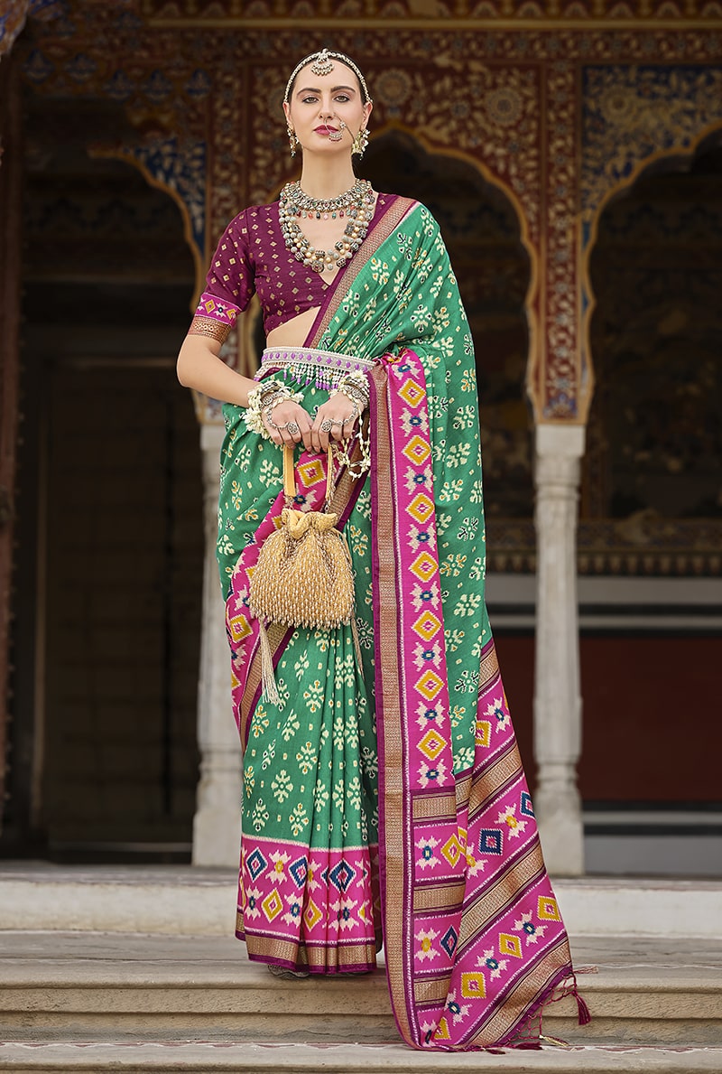 Monjolika Fashion Light Green And Pink Patola Print Silk Festival Trendy Saree - Distacart