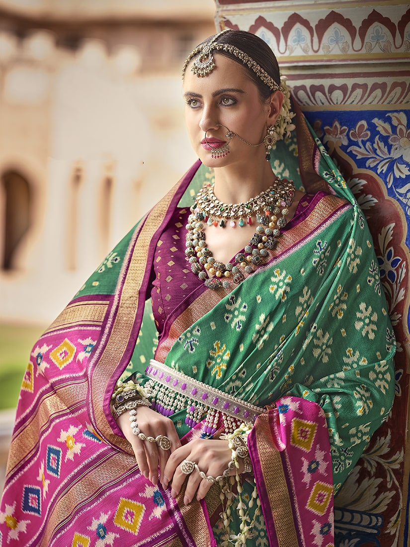 Monjolika Fashion Light Green And Pink Patola Print Silk Festival Trendy Saree - Distacart