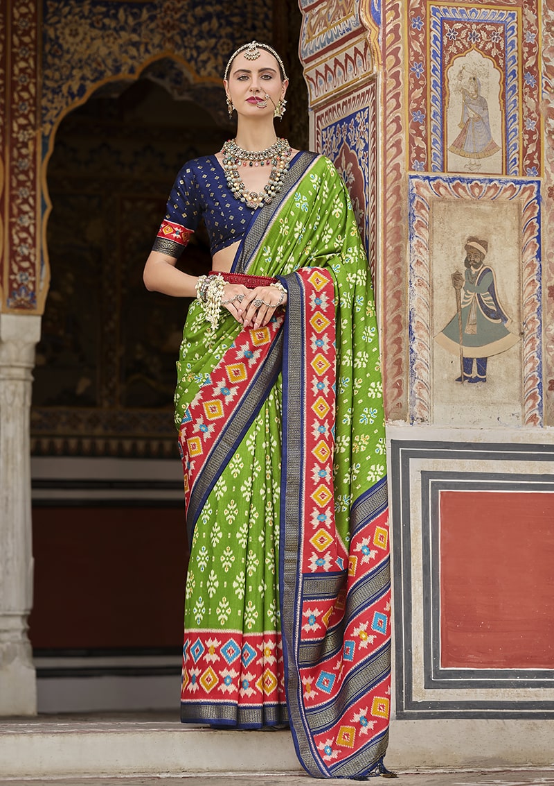 Monjolika Fashion Parrot Green And Red Patola Print Silk Festival Trendy Saree - Distacart