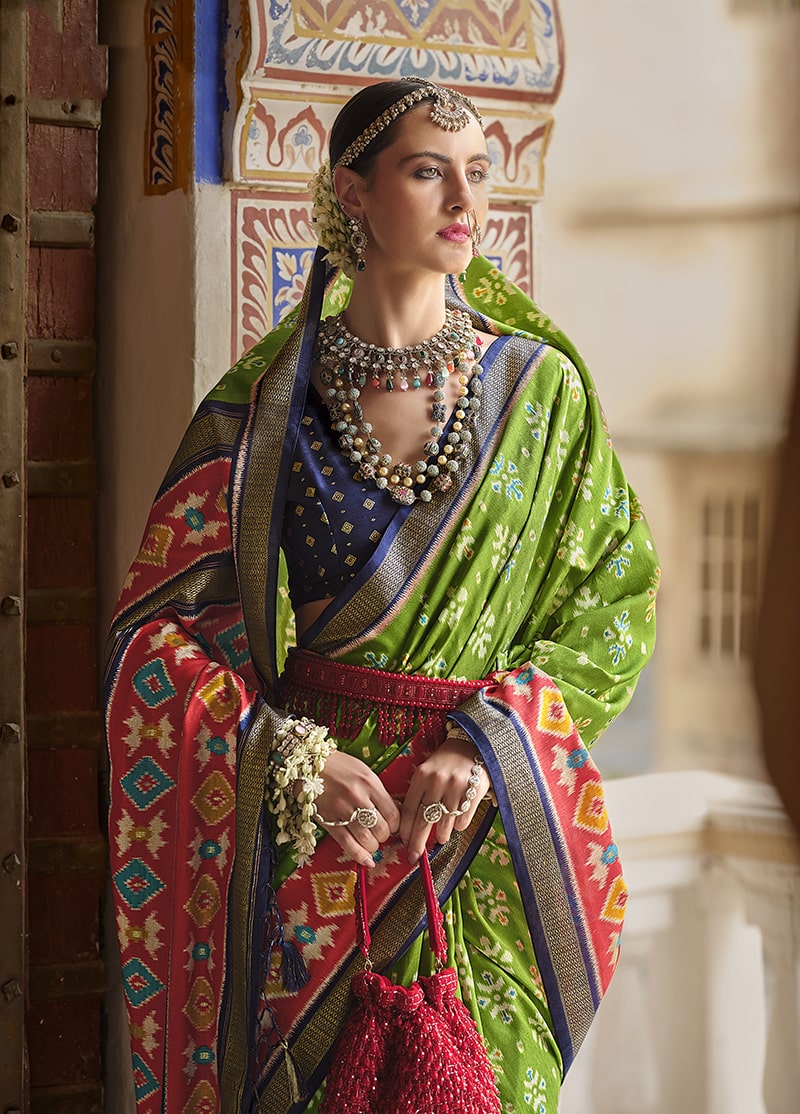 Monjolika Fashion Parrot Green And Red Patola Print Silk Festival Trendy Saree - Distacart