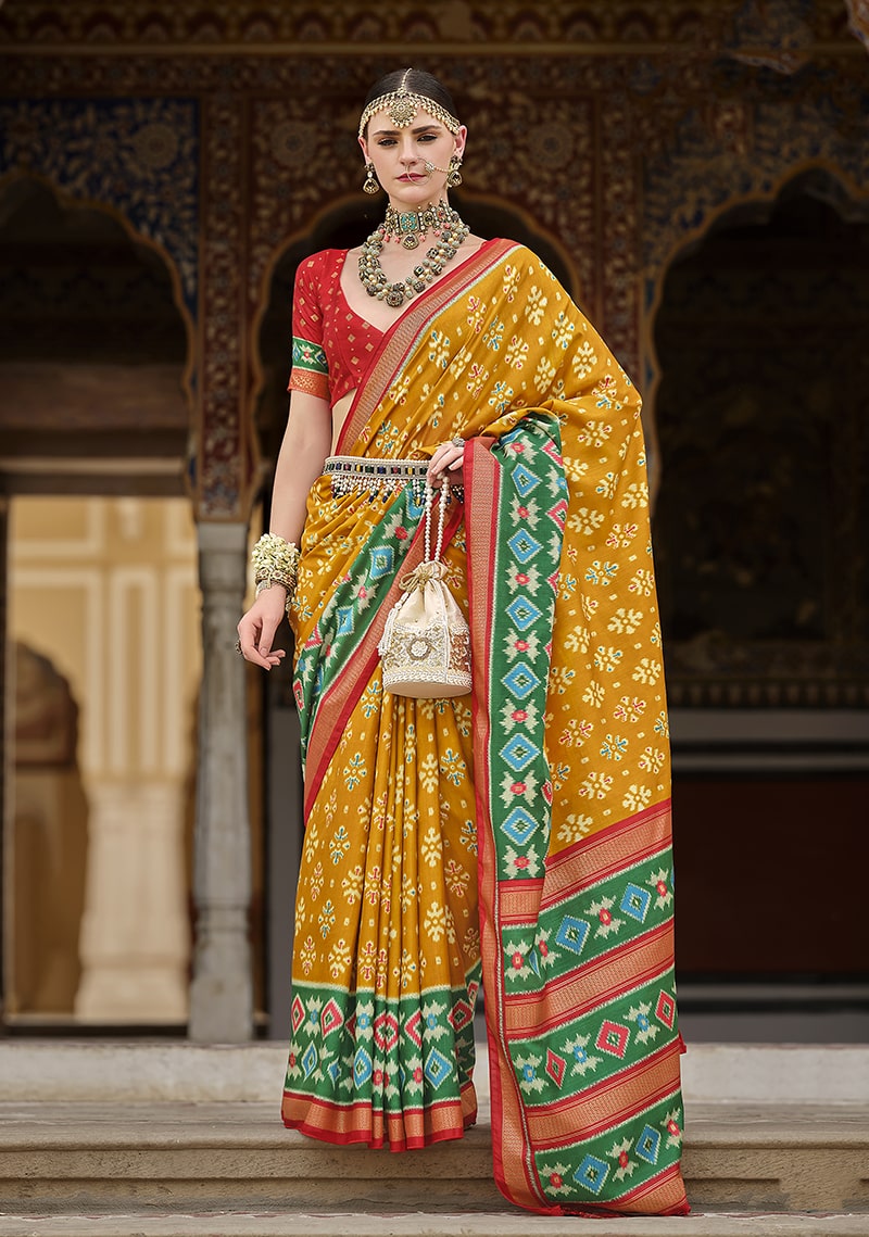 Monjolika Fashion Mustard And Green Patola Print Silk Festival Trendy Saree - Distacart