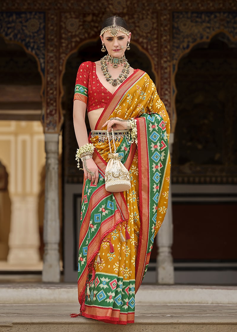 Monjolika Fashion Mustard And Green Patola Print Silk Festival Trendy Saree - Distacart