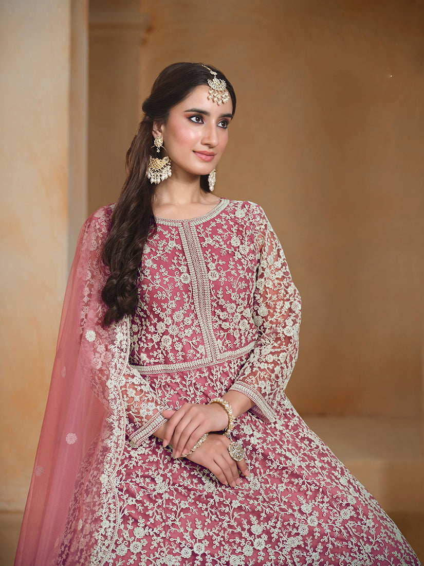 Monjolika Fashion Pink Color Embroidered Santoon Net Salwar Suit - Distacart