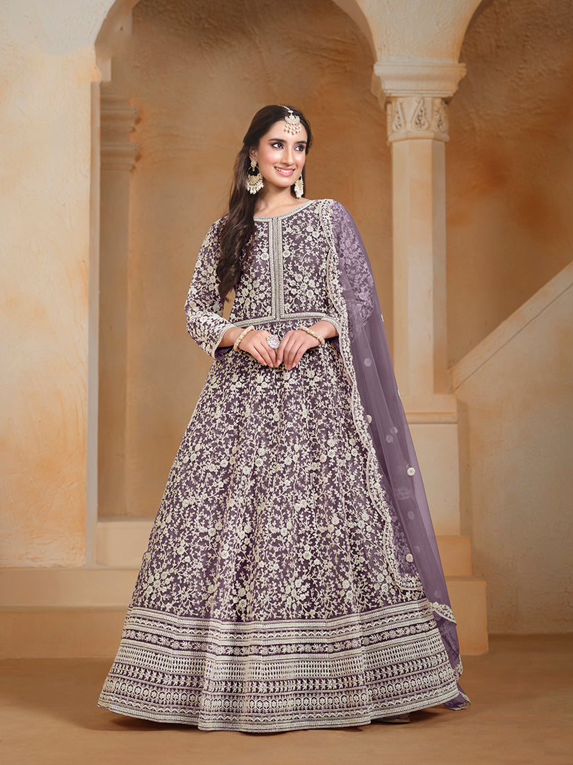 Monjolika Fashion Purple Color Embroidered Santoon Net Salwar Suit - Distacart