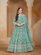Monjolika Fashion Turquoise Color Embroidered Santoon Net Salwar Suit - Distacart