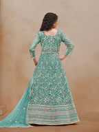 Monjolika Fashion Turquoise Color Embroidered Santoon Net Salwar Suit - Distacart