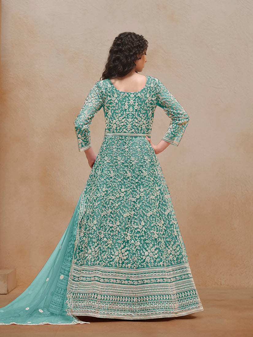 Monjolika Fashion Turquoise Color Embroidered Santoon Net Salwar Suit - Distacart