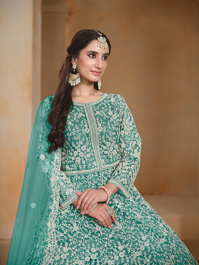 Monjolika Fashion Turquoise Color Embroidered Santoon Net Salwar Suit - Distacart