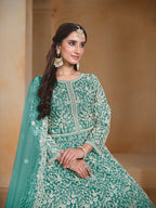 Monjolika Fashion Turquoise Color Embroidered Santoon Net Salwar Suit - Distacart