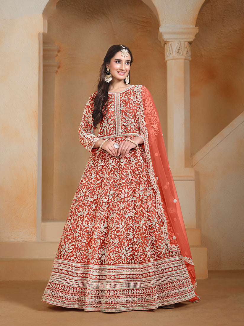 Monjolika Fashion Dark-Orange Color Embroidered Santoon Net Salwar Suit - Distacart